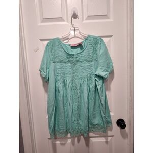 Woman‎ Within Green Pintuck Cotton Textured Fabric Short Sleeve Blouse Top 1X